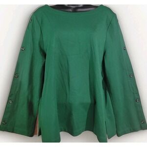 J Jill Ponte Button Sleeve Top Size Large Dark Green Boat Neck Long Slv Classic